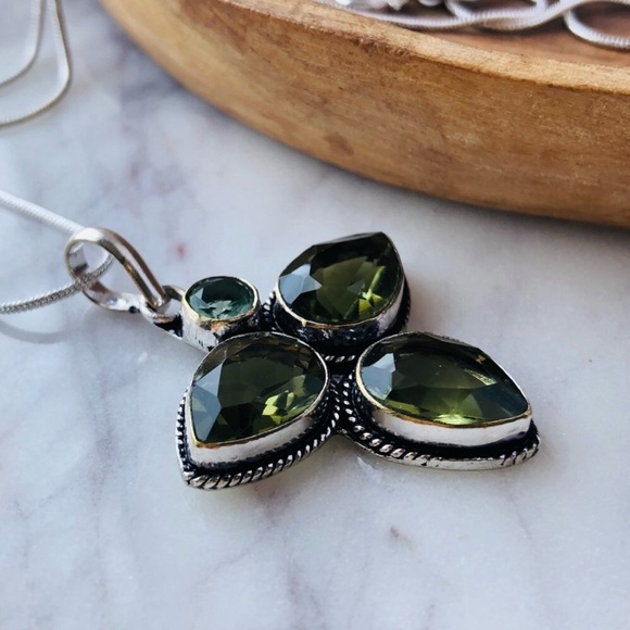 Silver Plated Peridot Blue Topaz Pear Shape Statement Necklace - Picture 3 of 7